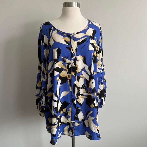 Ashley Stewart Tops - Ashley Stewart Geometric Career Work Wear Blouse Blue Tiered Sleeves 14/16W